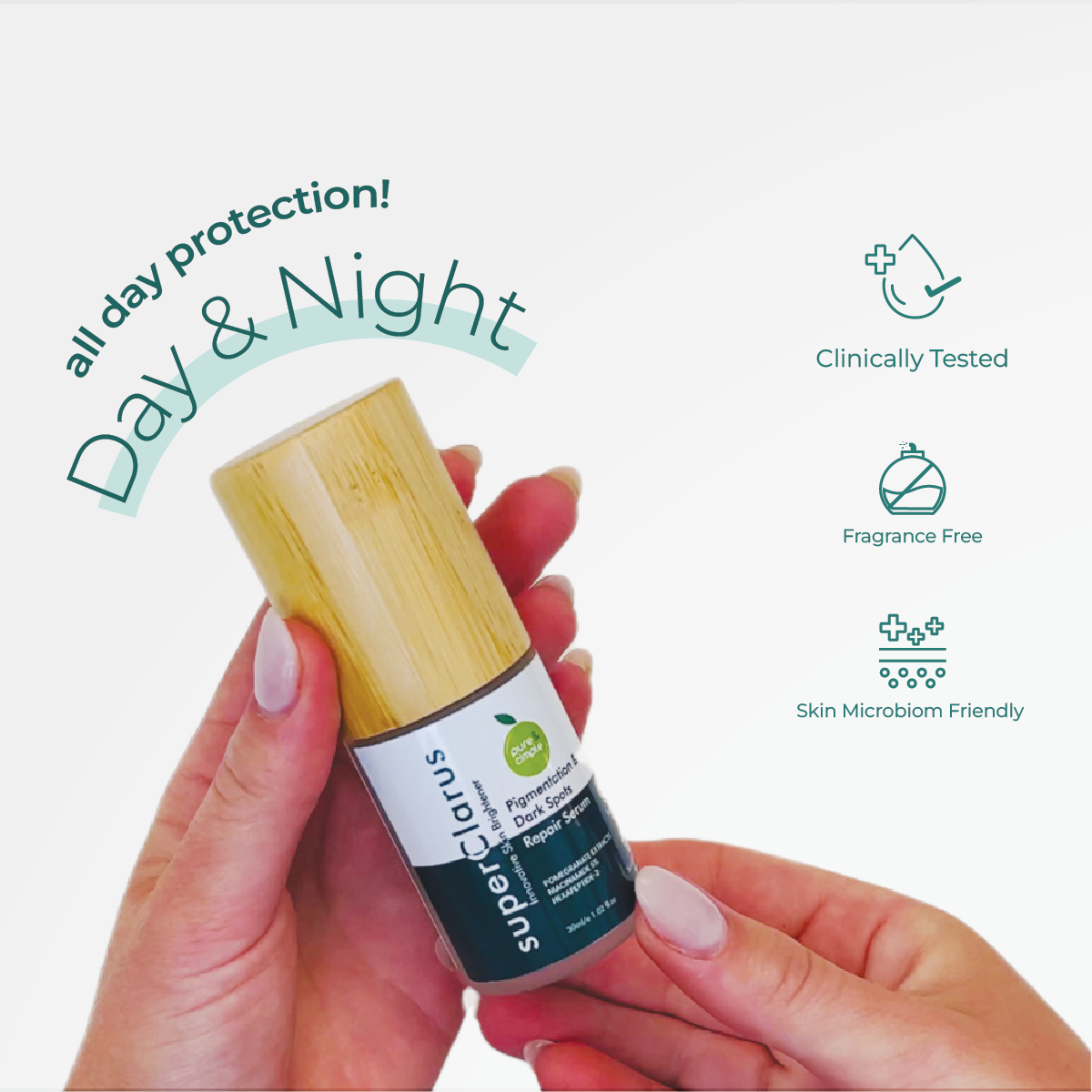 uperClarus Skin Brightener benefits highlighted: Offers both day and night skin protection, supports skin microbiome, and is fragrance-free for sensitive skin